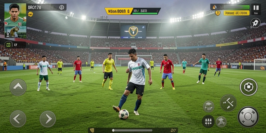 Tampilan gameplay menegangkan dengan aksi sepak bola penuh energi.