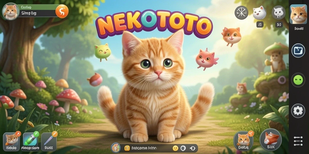 Tangkapan layar utama NEKOTOTO menampilkan kucing lucu dalam lingkungan simulasi.